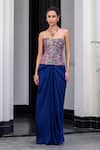 Buy_JUHI BENGANI_Multi Color Satin, Organza Embroidery Bandeau Floral Corset And Draped Skirt Set _at_Aza_Fashions