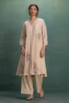 Buy_Kahani Lush_Cream Chanderi Embroidery Split V-neck Machine Kurta Set _at_Aza_Fashions