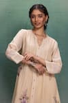 Buy_Kahani Lush_Cream Chanderi Embroidery Split V-neck Machine Kurta Set _Online_at_Aza_Fashions