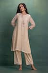 Kahani Lush_Cream Chanderi Embroidery Round Neck Machine Cord Set _Online_at_Aza_Fashions