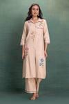 Shop_Kahani Lush_Beige Cotton Embroidery Collared Machine Cord Set _Online_at_Aza_Fashions