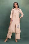 Kahani Lush_Beige Cotton Embroidery Collared Machine Cord Set _at_Aza_Fashions
