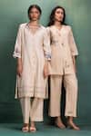 Kahani Lush_Beige Cotton Embroidery V-neck Machine And Hand Set _at_Aza_Fashions
