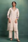 Buy_Kahani Lush_Beige Cotton Embroidery V-neck Machine Cord Set _at_Aza_Fashions