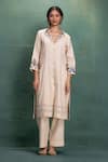 Buy_Kahani Lush_Beige Cotton Embroidery V-neck Machine Cord Set _Online_at_Aza_Fashions