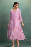 Buy_Kahani Lush_Pink Cotton Embroidery Round Neck Machine Midi Dress _Online_at_Aza_Fashions