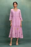 Buy_Kahani Lush_Pink Cotton Embroidery Round Neck Machine Midi Dress _at_Aza_Fashions
