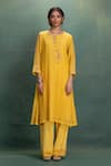 Kahani Lush_Yellow Chanderi Embroidery Round , Button-down Kurta Pant Set _Online_at_Aza_Fashions