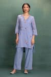 Buy_Kahani Lush_Blue Cotton Embroidery, Tassels V-neck Machine And Hand Kurta Set _at_Aza_Fashions