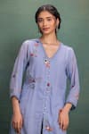 Shop_Kahani Lush_Blue Cotton Embroidery, Tassels V-neck Machine And Hand Kurta Set _Online_at_Aza_Fashions