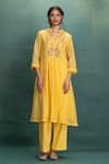 Shop_Kahani Lush_Yellow Cotton Embroidery Collared Machine Kurta Set _Online_at_Aza_Fashions