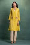 Shop_Kahani Lush_Yellow Chanderi Embroidery Collared Shrug Set With _at_Aza_Fashions