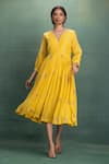 Shop_Kahani Lush_Yellow Chanderi Embroidery V-neck Hand Midi Dress _Online_at_Aza_Fashions