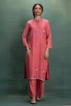 Buy_Kahani Lush_Pink Chanderi Embroidery Mandarin Collar Machine Kurta Set _at_Aza_Fashions