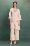 Shop_Kahani Lush_Beige Cotton Embroidery Collared Mesh Kurta Pant Set _at_Aza_Fashions