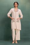 Buy_Kahani Lush_Beige Cotton Embroidery Collared Mesh Kurta Pant Set _Online_at_Aza_Fashions
