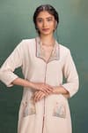Kahani Lush_Beige Cotton Embroidery Collared Mesh Kurta Pant Set _at_Aza_Fashions