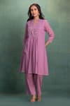 Buy_Kahani Lush_Pink Cotton Embroidery Split V-neck Machine Kurta Set _Online_at_Aza_Fashions