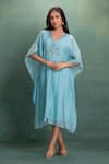 Buy_Kahani Lush_Blue Chanderi Embroidery V-neck Kaftan Dress _at_Aza_Fashions