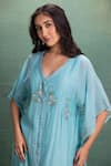 Shop_Kahani Lush_Blue Chanderi Embroidery V-neck Kaftan Dress _Online_at_Aza_Fashions