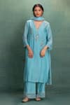 Buy_Kahani Lush_Blue Chanderi Embroidery Split V-neck Kurta Set _at_Aza_Fashions