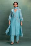 Shop_Kahani Lush_Blue Chanderi Embroidery Split V-neck Kurta Set _Online_at_Aza_Fashions