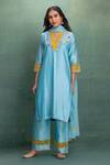 Buy_Kahani Lush_Blue Chanderi Embroidery Split V-neck Kurta Set _at_Aza_Fashions