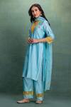Shop_Kahani Lush_Blue Chanderi Embroidery Split V-neck Kurta Set _Online_at_Aza_Fashions