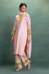 Buy_Kahani Lush_Pink Chanderi Embroidery Split V-neck Hand And Machine Kurta Set _Online_at_Aza_Fashions