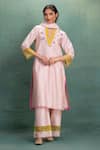 Buy_Kahani Lush_Pink Chanderi Embroidery Split V-neck Hand And Machine Kurta Set _at_Aza_Fashions