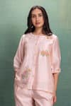 Shop_Kahani Lush_Pink Chanderi Embroidery Collared Kurta Pant Set _at_Aza_Fashions