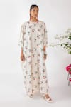 Buy_Nikasha_Cream Cotton Embroidery Round Neck Chilly Print Seersucker Kaftan _at_Aza_Fashions