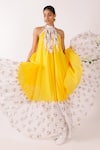 Nikasha_Yellow Kota Doria, Cotton Halter Neck Maxi Dress With Floral Hem _Online_at_Aza_Fashions