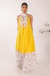 Buy_Nikasha_Yellow Kota Doria, Cotton Halter Neck Maxi Dress With Floral Hem _at_Aza_Fashions