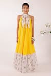 Shop_Nikasha_Yellow Kota Doria, Cotton Halter Neck Maxi Dress With Floral Hem _at_Aza_Fashions
