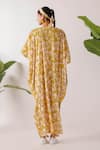 Shop_Nikasha_Yellow Cotton Embroidery V-neck Pomegranate Print Ruched Kaftan _at_Aza_Fashions