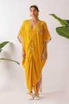 Nikasha_Yellow Cotton Embroidery V-neck Pomegranate Print Ruched Kaftan _Online_at_Aza_Fashions