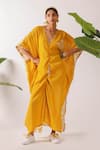 Buy_Nikasha_Yellow Cotton Embroidery V-neck Pomegranate Print Ruched Kaftan _at_Aza_Fashions