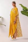 Buy_Nikasha_Yellow Cotton Embroidery V-neck Pomegranate Print Ruched Kaftan _Online_at_Aza_Fashions