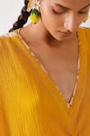 Nikasha_Yellow Cotton Embroidery V-neck Pomegranate Print Ruched Kaftan _at_Aza_Fashions