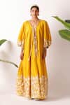 Nikasha_Yellow Cotton Embroidery Round Neck Pomegranate Print Maxi Dress _Online_at_Aza_Fashions