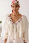 Buy_Nikasha_Ivory Cotton Embroidery V-neck Ruffle Top With Ribbon _Online_at_Aza_Fashions