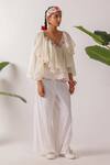 Shop_Nikasha_Ivory Cotton Embroidery V-neck Ruffle Top With Ribbon _Online_at_Aza_Fashions