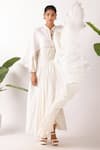 Buy_Nikasha_Cream Cotton Fabric Flowers Round Neck Jamdani Godet Cape Dress _Online_at_Aza_Fashions