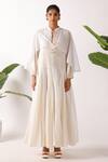Buy_Nikasha_Cream Cotton Fabric Flowers Round Neck Jamdani Godet Cape Dress _at_Aza_Fashions