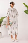 Nikasha_Off White Cotton Mandarin Collar Balloon Sleeve Leopard Print Midi Dress _Online_at_Aza_Fashions