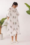 Shop_Nikasha_Off White Cotton Mandarin Collar Balloon Sleeve Leopard Print Midi Dress _Online_at_Aza_Fashions