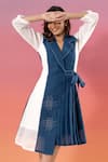 Savaaya_Blue Linen Collared And White Blend Designer Dress _at_Aza_Fashions