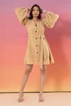 Buy_Savaaya_Beige Linen V-neck Blend Dress With Belt _at_Aza_Fashions