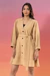 Savaaya_Beige Linen V-neck Blend Dress With Belt _Online_at_Aza_Fashions
